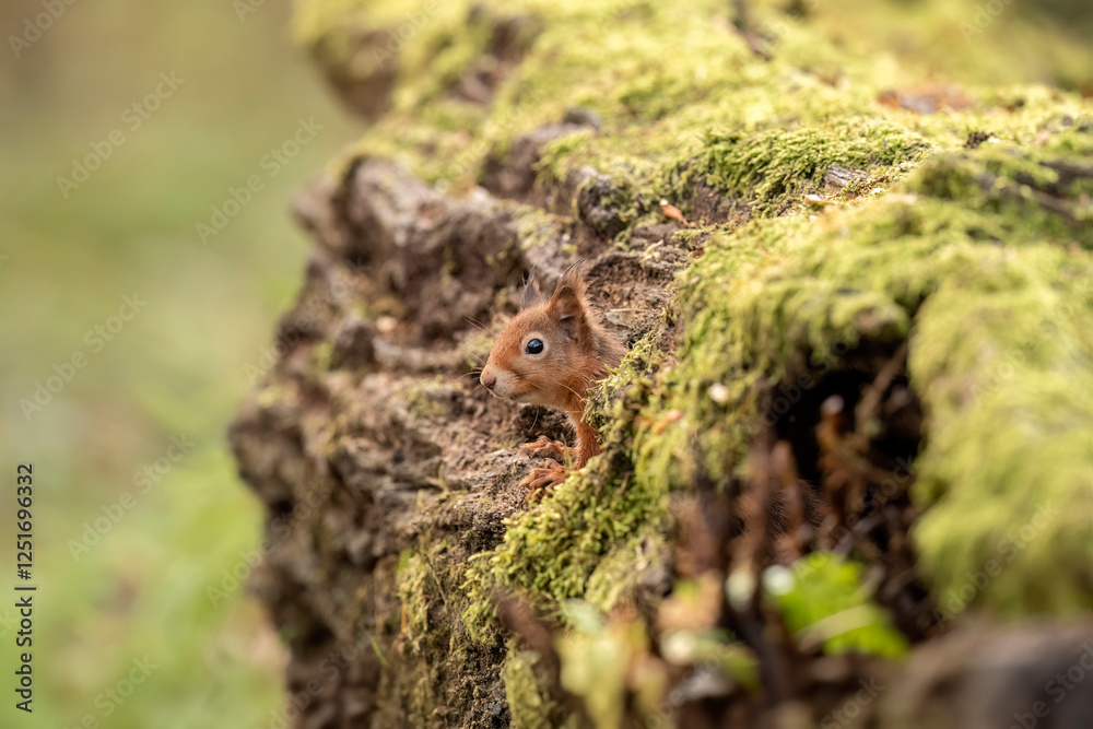 Red Squirrel coming out of a hole on a tree Red Squirrel coming out of a hole on a tree