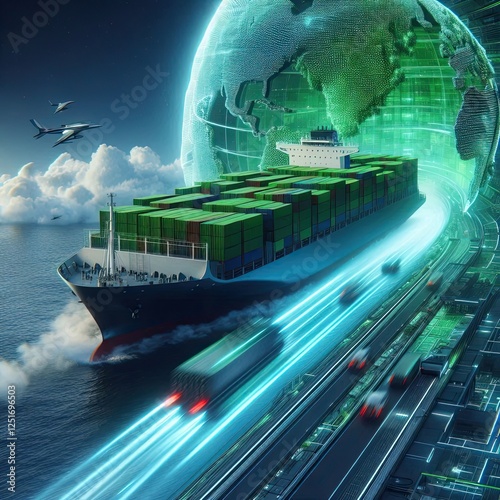 A futuristic container ship with green technologies for sustainable transport