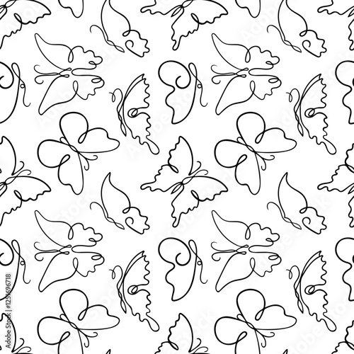 seamless pattern featuring hand-drawn butterfly outlines with elegant contour lines. The design captures the delicate and whimsical nature of butterflies, perfect for fabric, wallpapers, stationery.