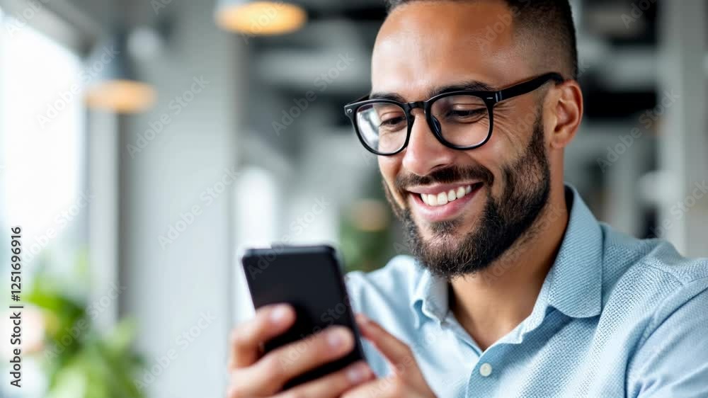 Smiling Man Using Smartphone in Modern Office Setting Smiling Man Using Smartphone in Modern Office Setting