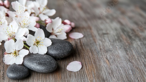Photo of white towels and spa stones with cherry blossoms on a wooden background, text stock photo for a spa concept banner background