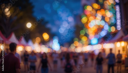 Blurred night market street scene, people walking, festive lights, blurred background