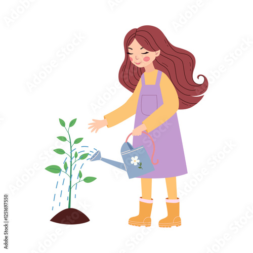 Hand drawn pretty girl watering young plant. Environment concept illustration. World environment day concept.