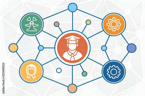 microcredentials, A network diagram illustrating educational themes, featuring a graduate figure at the center, surrounded by various icons representing knowledge, skills, and professions.