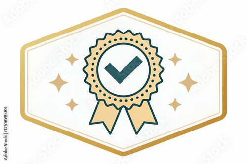 microcredentials, A badge featuring a checkmark inside a decorative ribbon, symbolizing quality, approval, and achievement with a sparkling background.