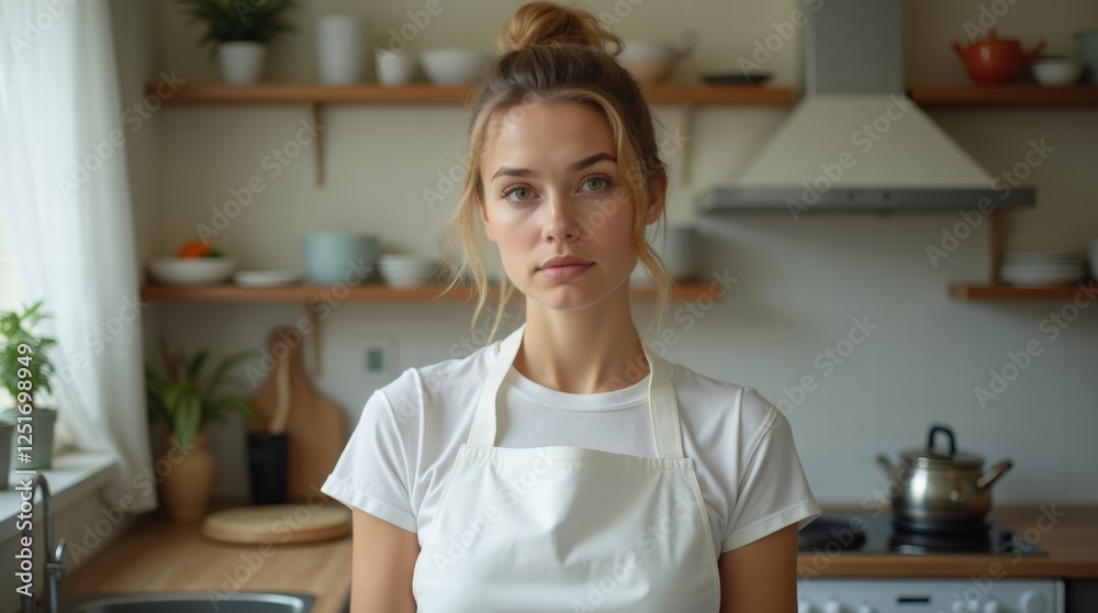 A young woman wearing a white apron standing in a kitchen A young woman wearing a white apron standing in a kitchen