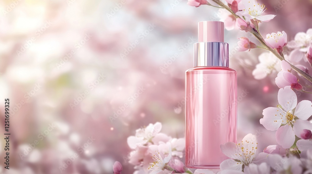 Pink cosmetic bottle mockup on a blurred spring background with cherry blossoms Pink cosmetic bottle mockup on a blurred spring background with cherry blossoms