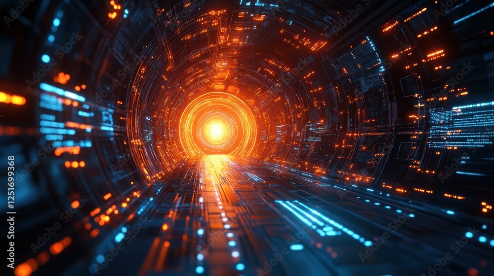 Obraz premium A futuristic tunnel with glowing lights leading to a bright center.