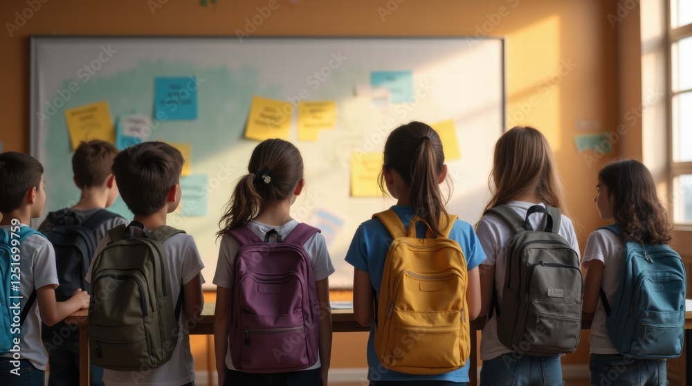 Fototapeta premium Group of young students with backpacks facing a large bulletin board in a classroom