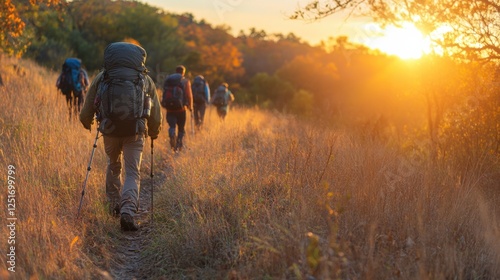 Adventure hiking experience at sunset outdoor trail group of explorers natural landscape warm glow connection with nature