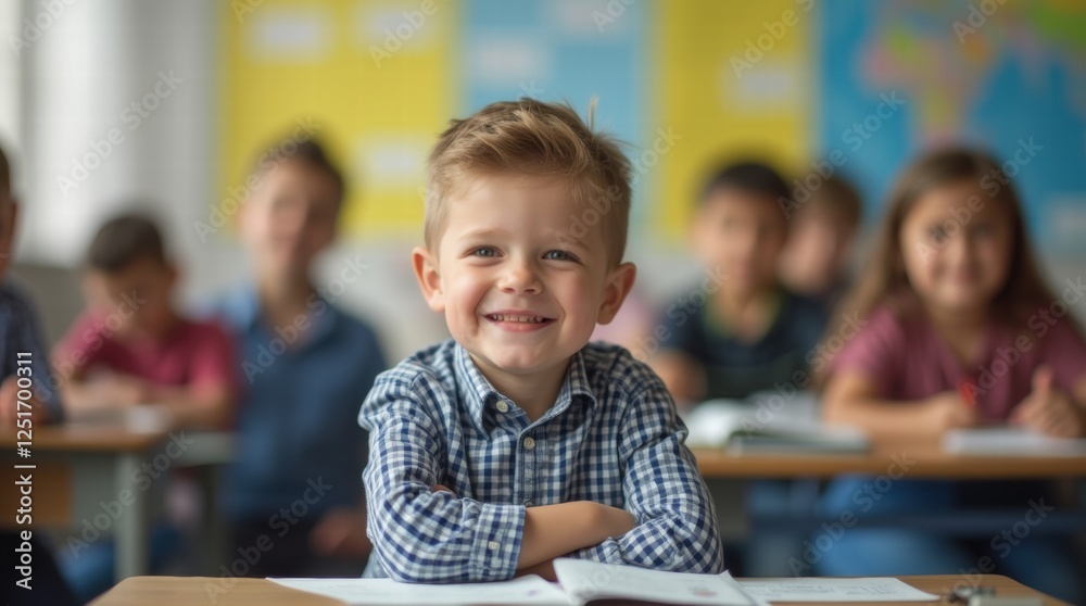 Schoolchildren in a classroom confidently look at the camera with their classmates in the background Schoolchildren in a classroom confidently look at the camera with their classmates in the background