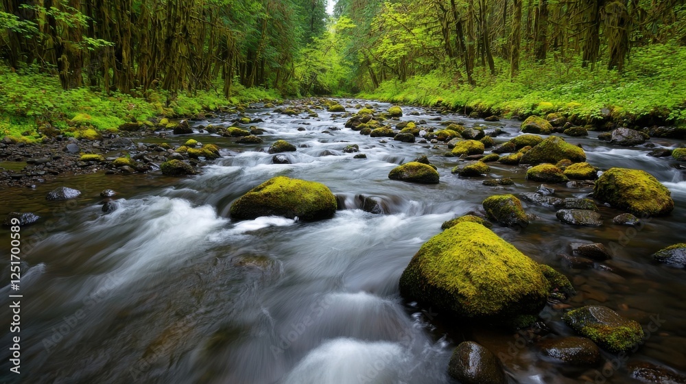 Fototapeta premium Flowing river stream lush forest nature scene tranquil landscape close-up view serenity in nature