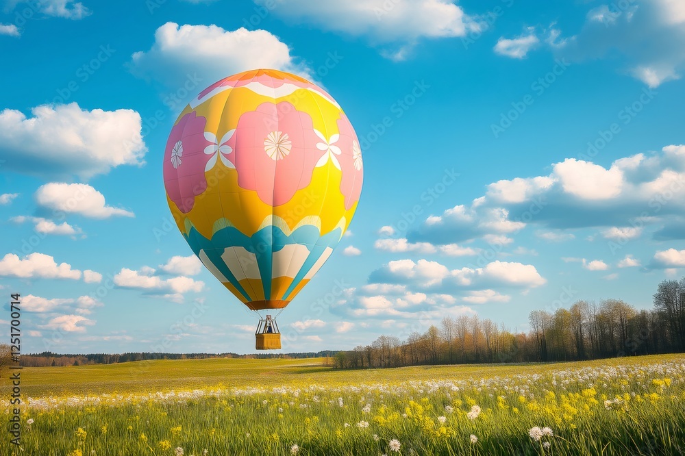 Fototapeta premium Easter egg hot air balloon flying over a field of yellow flowers under a blue sky with clouds