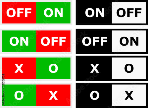 on off button with black and white and red green background