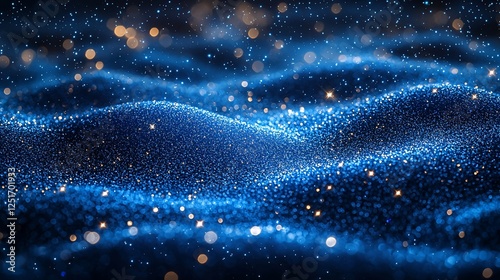 Abstract digital particles swirling, deep blue and gold, futuristic background, for screensaver or wallpaper