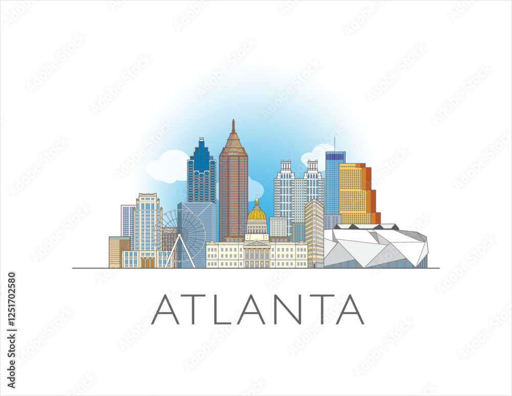 Naklejka premium Atlanta city Georgia cityscape illustration skyline drawing