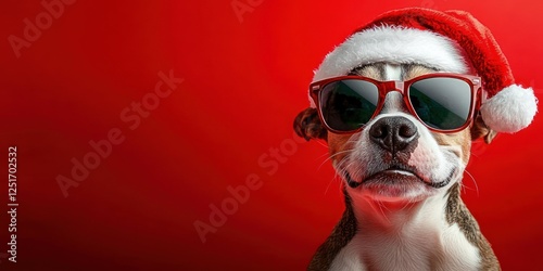 Playful Dog in Santa Hat and Sunglasses on Red Background Pop Art Style