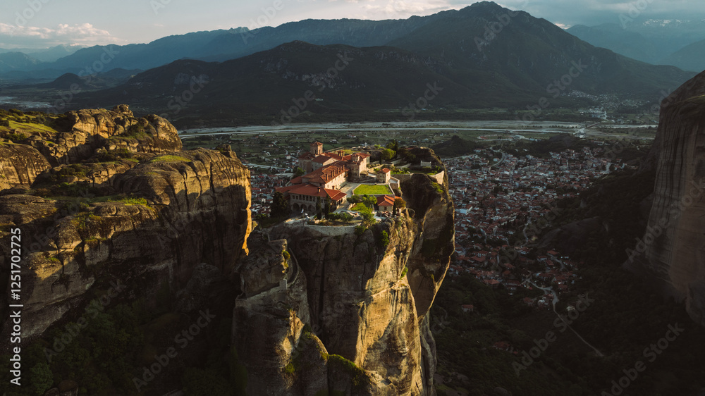 Obraz premium Aerial view of Meteora Monasteries in Greece. Magnificent monasteries of Meteora on the rocks at sunset