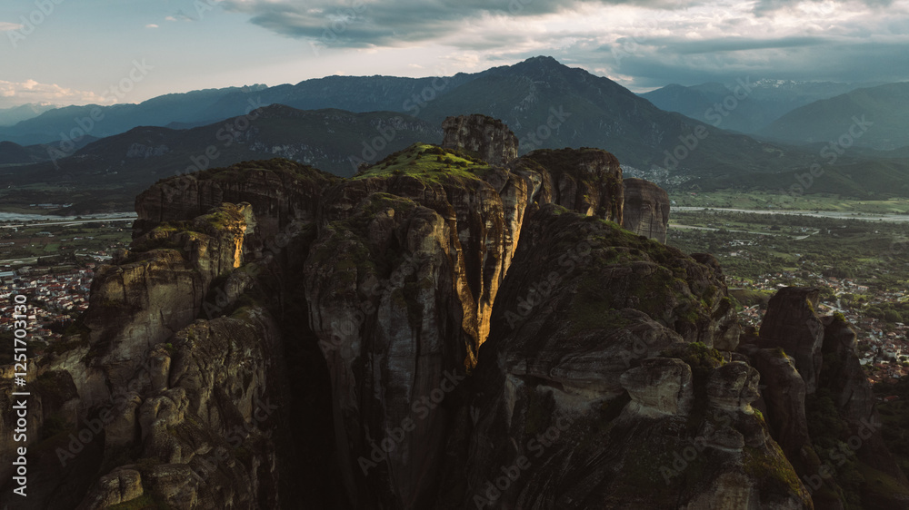 Obraz premium Aerial view of Meteora Monasteries in Greece. Magnificent monasteries of Meteora on the rocks at sunset