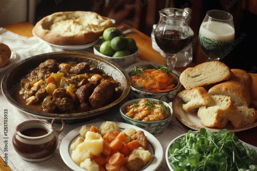 Irish stew, soda bread, colcannon, and vegetables served on a table with drinks, composing a traditional Irish meal Irish stew, soda bread, colcannon, and vegetables served on a table with drinks, composing a traditional Irish meal