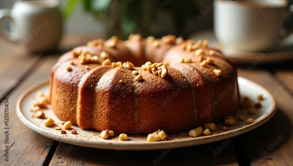 A walnut coffee cake with a cinnamon topping, sweet glaze, and chopped walnuts, set on a rustic wooden table, bathed in warm morning light. A walnut coffee cake with a cinnamon topping, sweet glaze, and chopped walnuts, set on a rustic wooden table, bathed in warm morning light.