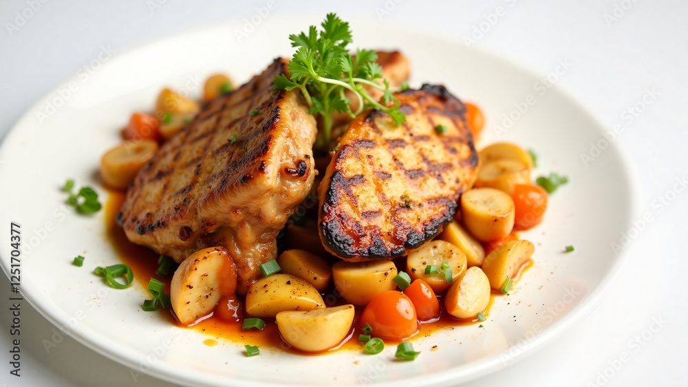 Grilled Fish with Roasted Vegetables and Herbs on a White Plate Grilled Fish with Roasted Vegetables and Herbs on a White Plate