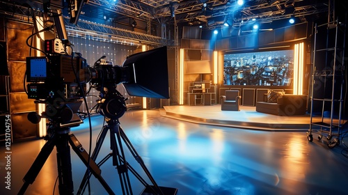 A professional video camera is aimed at a set, lit by many sophists. In the center of the frame is upholstered furniture designed to record talk shows.