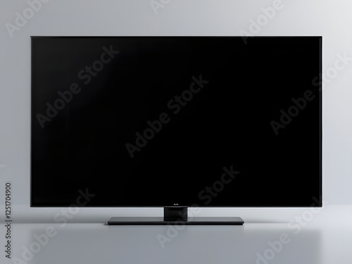 Sleek black flatscreen TV on a stand, with a reflective, blank display. Modern entertainment device.