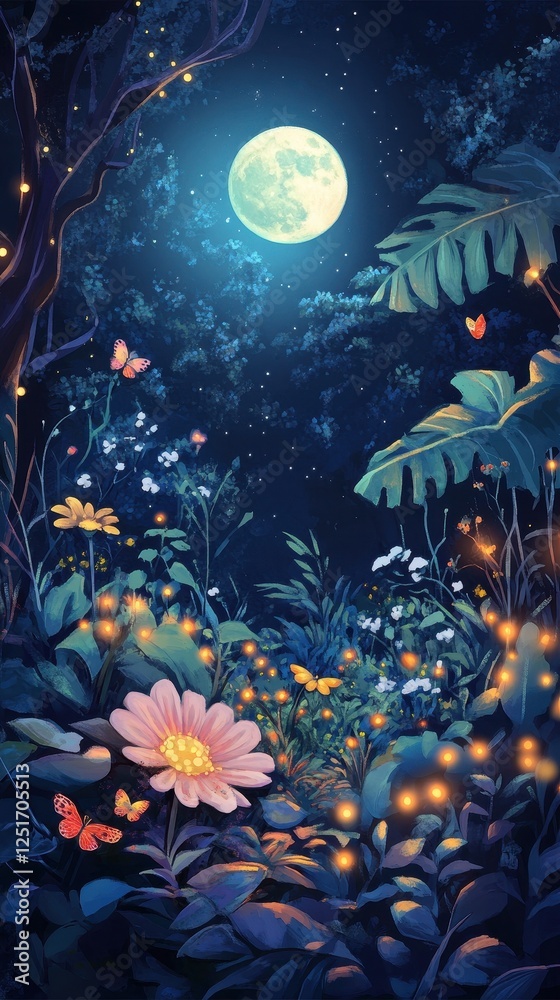 Enchanted garden with glowing lights under a full moon Enchanted garden with glowing lights under a full moon