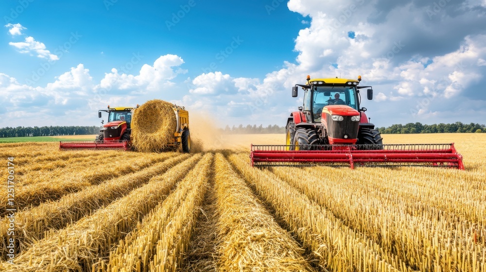 Obraz premium Harvesting Process with Two Red Tractors Collecting Straw Bales Under Bright Blue Sky and Fluffy White Clouds