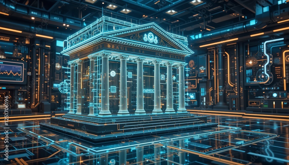 Futuristic Digital Bank Building Modern Architecture Neon Blue Lines Classic Columns Fintech Technology Innovation Finance Virtual Reality 3D Render Futuristic Digital Bank Building Modern Architecture Neon Blue Lines Classic Columns Fintech Technology Innovation Finance Virtual Reality 3D Render