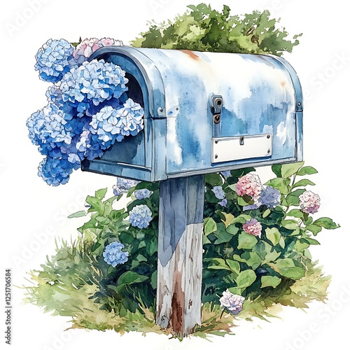 Blue Mailbox Surrounded by Colorful Hydrangeas