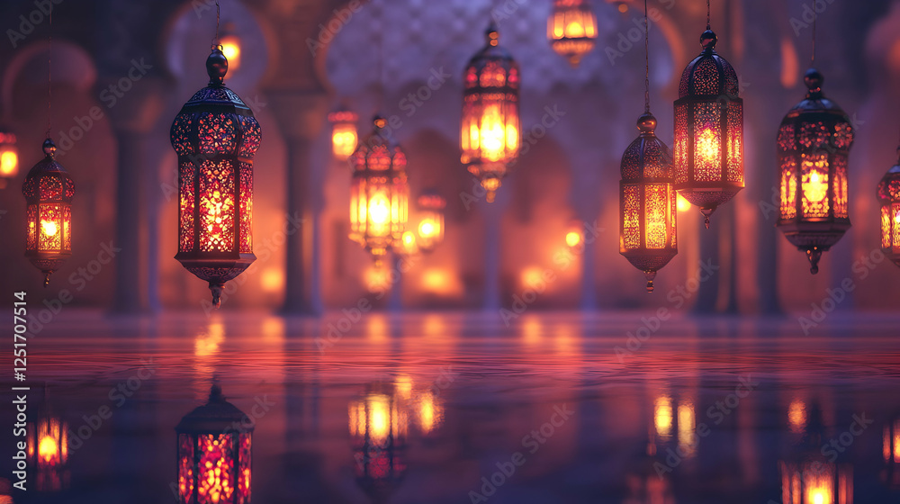 Fototapeta premium Eid Mubarak Celebration Banner with Arabic Lanterns and Reflection on Floor