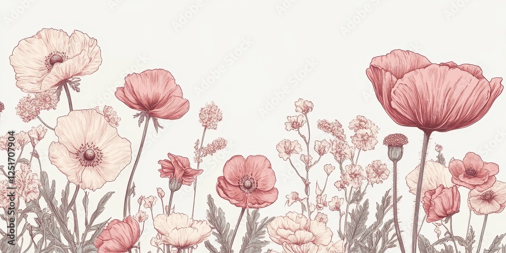 Obraz premium Elegant drawing showcases an arrangement of poppy flowers and buds
