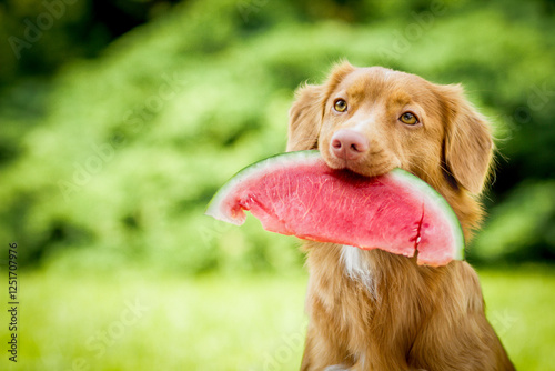 Photography cute and adorable nova scotia duck tolling retriever dog aka toller holding a wa
