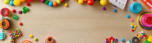 Colorful candy and toys on light brown surface