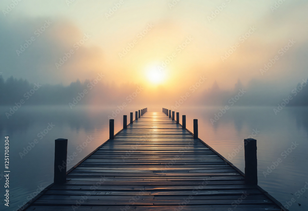 Wooden Pier Leading to Lake with Foggy Sunrise or Sunset View Wooden Pier Leading to Lake with Foggy Sunrise or Sunset View