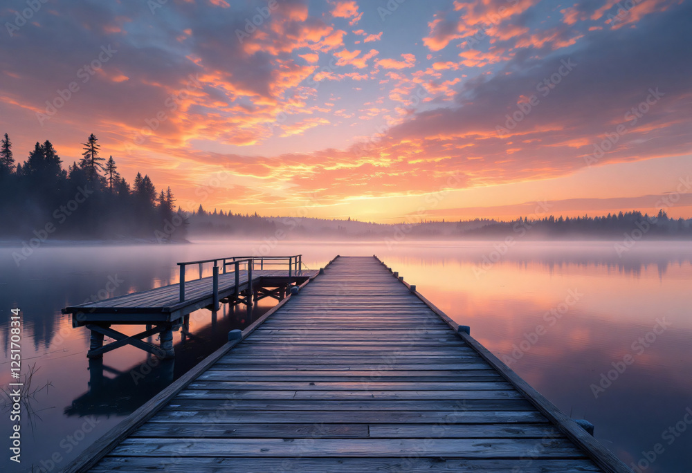 Wooden Pier Leading to Calm Lake at Sunrise with Foggy Horizon Wooden Pier Leading to Calm Lake at Sunrise with Foggy Horizon