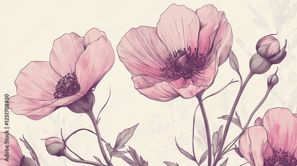 Obraz premium Elegant vintage floral illustration featuring pink anemone flowers