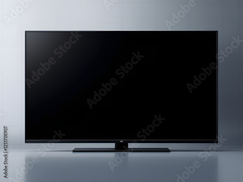 Sleek black flatscreen TV on a stand, with a reflective, blank display. Modern entertainment device.