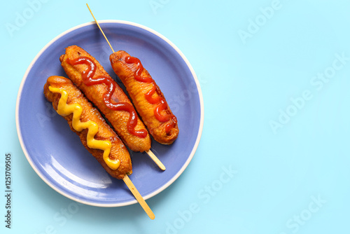 Sticker Plate of tasty corn dogs with sauces on blue background