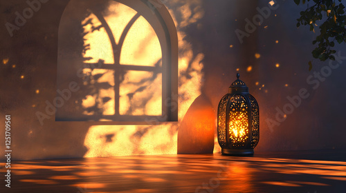 Eid Mubarak Celebration with Arabic Burning Lantern and Window Reflection
