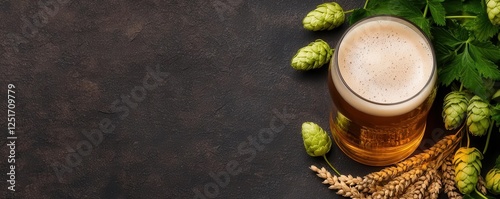 craft beer microbrewery craftsmanship. Close-up of a frothy craft beer in a textured glass surrounded by hops and barley, handcrafted beer, brewing ingredients photo