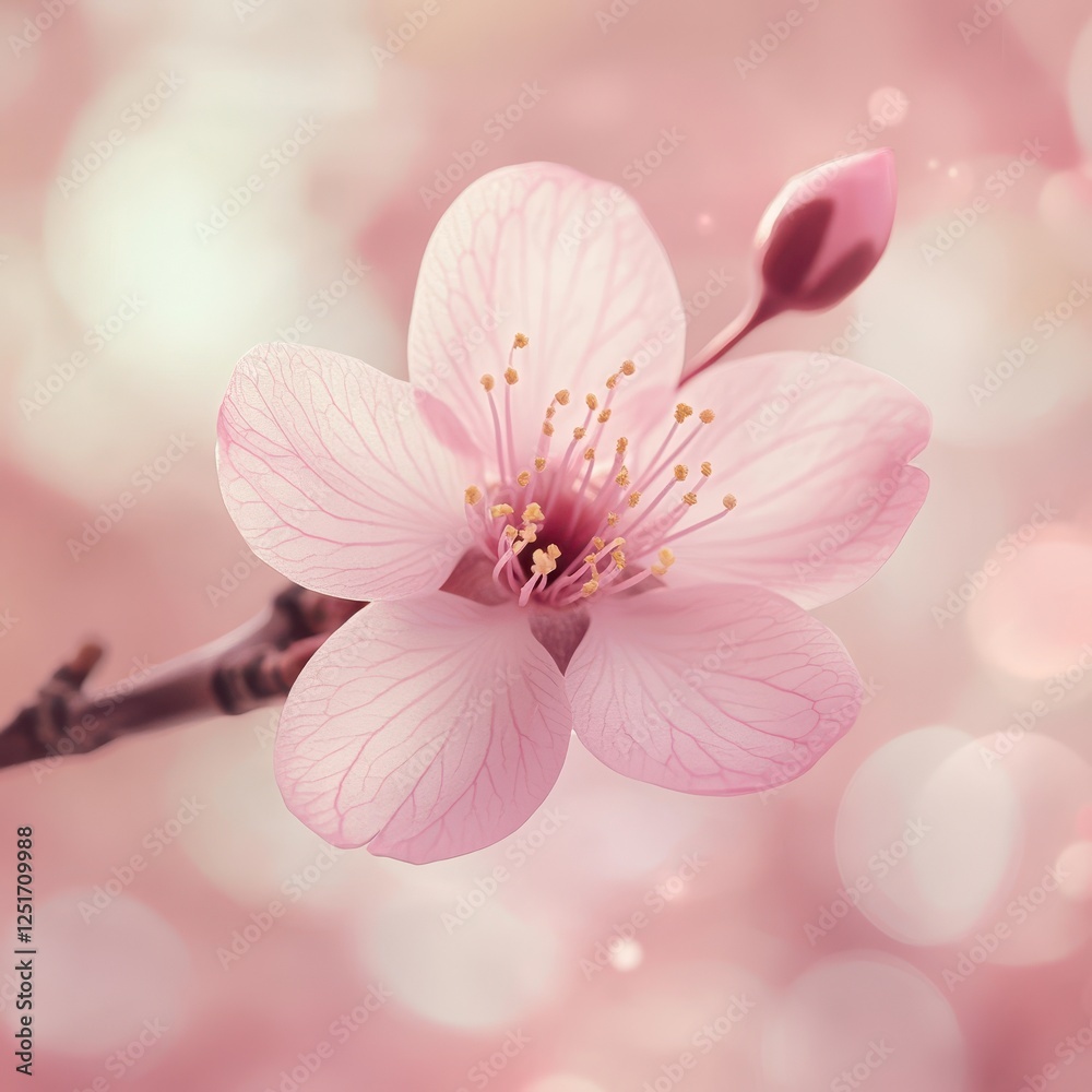 A delicate pink cherry blossom with a bud blooms beautifully A delicate pink cherry blossom with a bud blooms beautifully