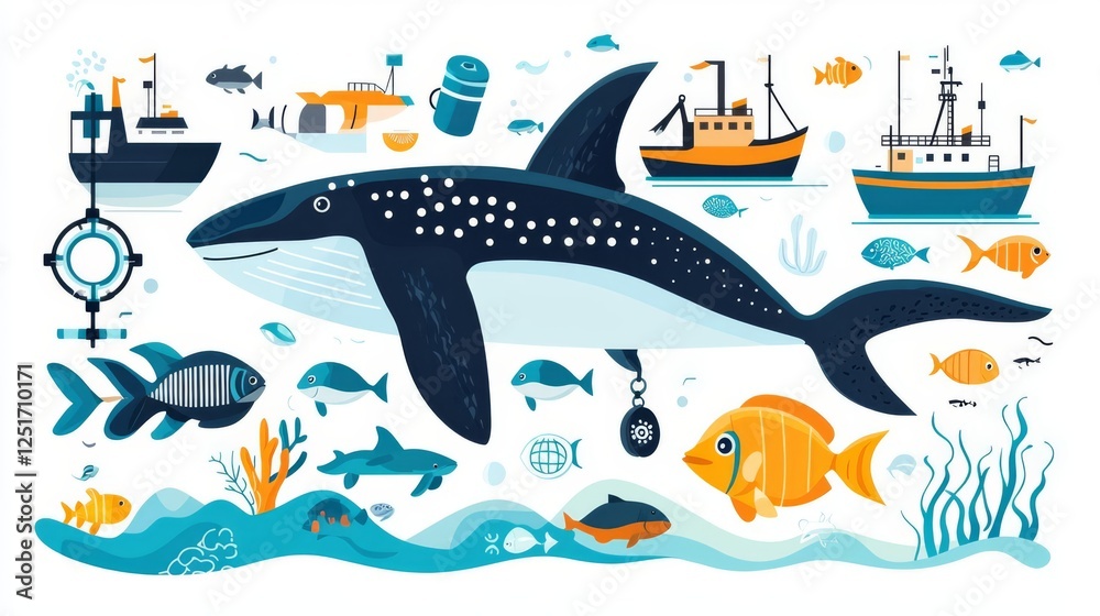 Fototapeta premium A vibrant illustration depicting ocean life and maritime activities featuring a whale.