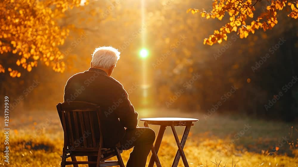 Elderly man sitting on a wooden chair in front of a small table, bathed in golden hour light, in an autumn meadow with an orange and yellow color palette. 
