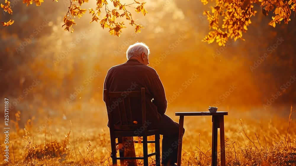 Elderly man sitting on a wooden chair in front of a small table, bathed in golden hour light, in an autumn meadow with an orange and yellow color palette. 