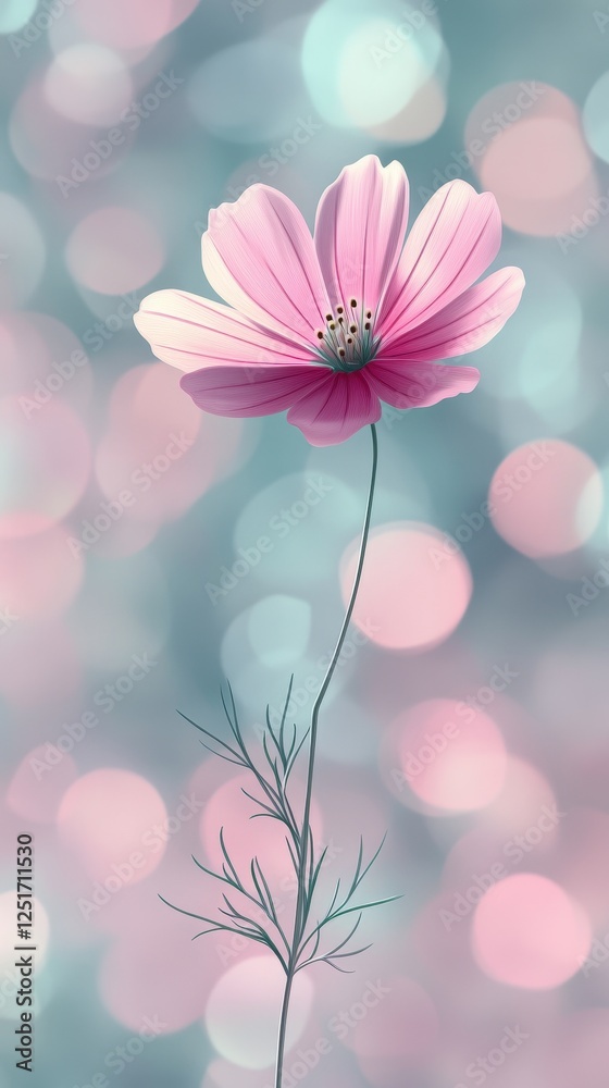 Obraz premium Delicate pink cosmos blossom against a bokeh light backdrop
