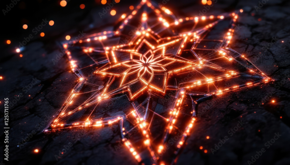 Fototapeta premium Glowing Star Mandala on Dark Surface