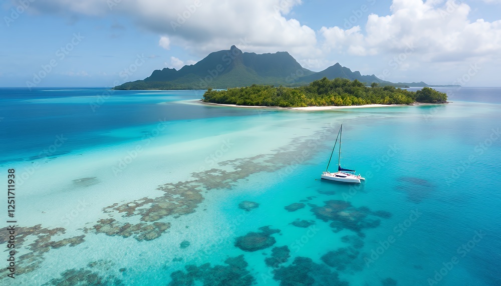 Sailing in Tropical Turquoise Water Near Island with Mountain Backdrop Sailing in Tropical Turquoise Water Near Island with Mountain Backdrop